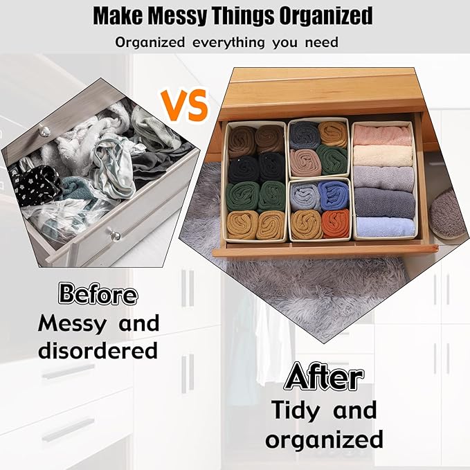 Foldable Dresser Drawer Organizers Clothes & Underwear Storage Box Drawer Divider Organizer Basket Bins for Socks, Bras - 3 Pack (Creamy-White)