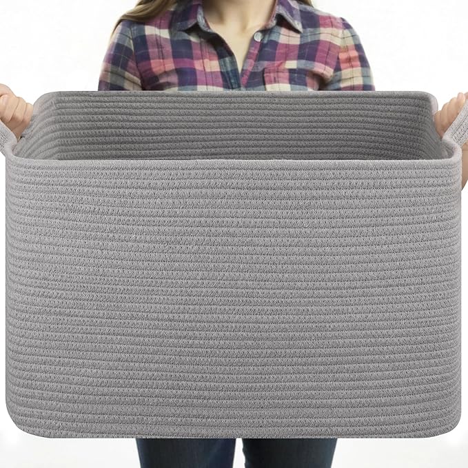 OIASKET Large Blanket Basket, Blanket Storage Living Room, Rectangle Woven Baskets for Storage Toys, Towels, Dirty Clothes Organizer Bins (Light Grey)