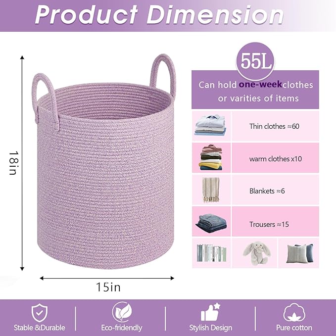 Girl Laundry Basket,Laundry Hamper,15''x18'' Cotton Rope Storage Basket for organizing,Tall Woven Blanket Basket for Living Room,Nursery Hamper,Baby Toy Laundry Bin (Light purple)