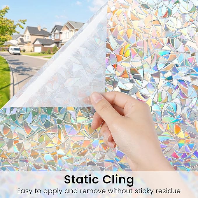 DOWELL Window Privacy Film, Rainbow Window Film, Decorative Stained Glass Clings, Static Cling Door Sticker, Non-Adhesive 3D Decals for Home UV Protection, Clear, 17.5 x 157.5 inches
