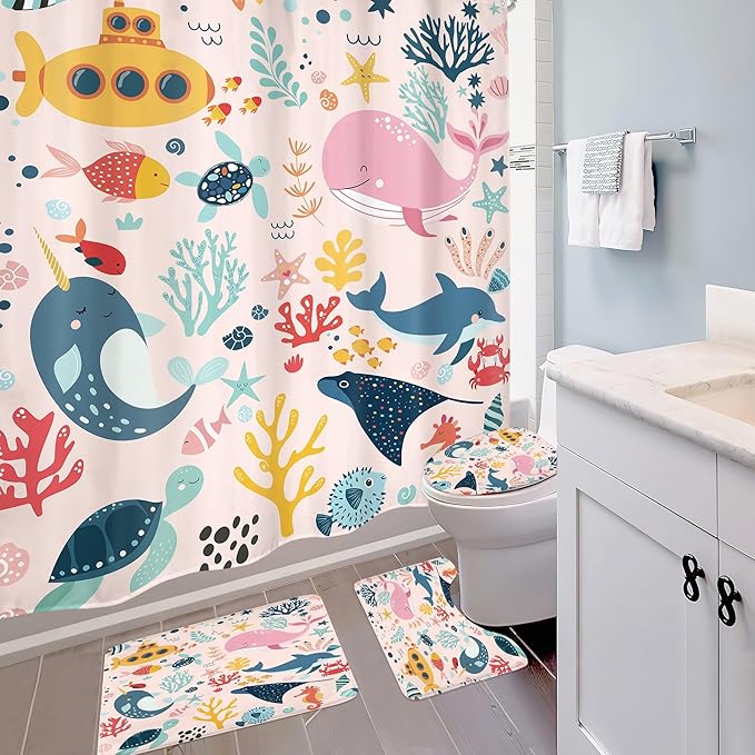 4 PCS Pink Kids Bathroom Set Summer Ocean 72Wx72H Shower Curtain Set Bath Rug Toilet Lid Cover, Nonslip U Shape Mat Whale Funny Cartoon Cute Animal Accessories 12 Hooks Bathroom Decor