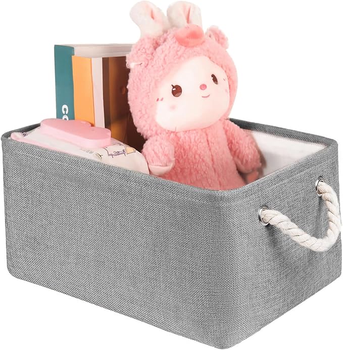 LordCom Storage Bins with Sturdy Cotton Handles(1 Pack), Fabric Storage Baskets for Organizing use for Office & Home, Book, Clothes, Toys, Closet Boxes (Large, Grey, 15.7x11.8x7.9 inches)