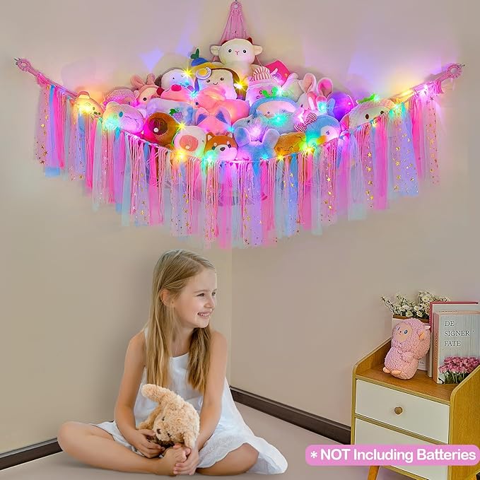 FIOBEE Stuffed Animals Net or Hammock with LED Light, Toy Hammock Hanging Stuffed Animals Storage Organizer Holder Room Décor for Nursery Kids Bedroom