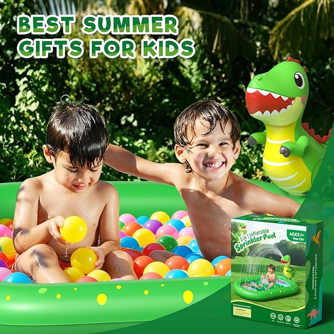 Splash Pad for Toddlers, 3-in-1 Dinosaur Inflatable Kiddie Pool Sprinkler for Kids, Baby Splash Pads Outdoor Play Mat, Backyard Summer Water Toys Birthday Gift for 1+ Year Old Girls Boys