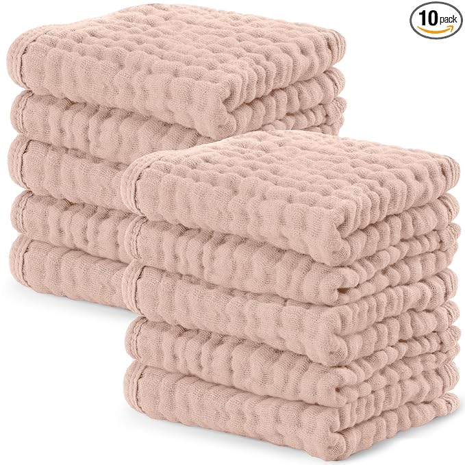 Comfy Cubs Muslin Baby Washcloths 10 Pack - Soft 6-Layer Cotton Wash Cloths for Sensitive Skin - 10"x10" Large, Gentle, Absorbent Infant Essentials for Newborn and Toddlers - Blush