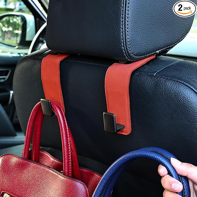Amooca Car Seat Back Hook Universal Auto Storage Hanger Suede with Metal Car Seat Organizer for Handbag Purse Coat Umbrellas Grocery Bags 2 Pack Red