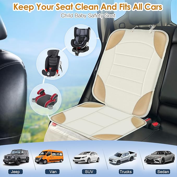 Sinvitron Car Seat Protector for Child Car Seat - Waterproof Non-Slip Leather Mat with 2 Mesh Pockets, Universal Seat Cover for Baby, Pets & Vehicles (1-Pack, Off-White)