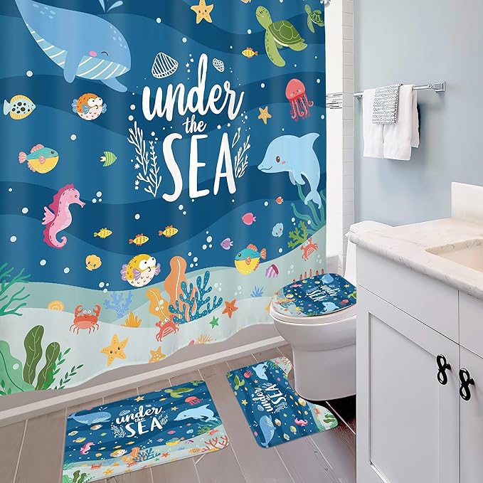 4 PCS Kids Shower Curtain Set 72Wx72H Ocean Bathroom Set Underwater Summer Kid Fish Cute Whale Sea Animal Funny Bath Rug Toilet Lid Cover U Shape Mat Accessories 12 Hooks Bathroom Decors