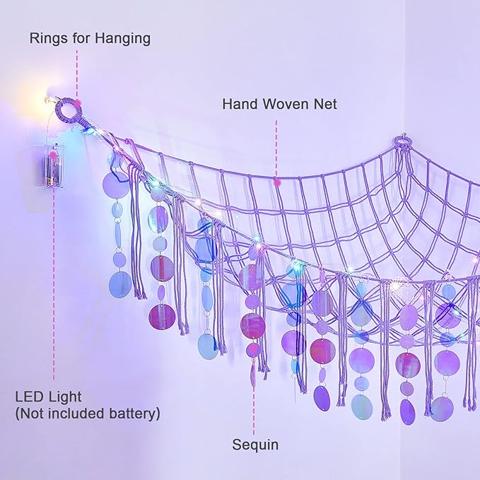 FIOBEE Stuffed Animals Hammock Net Toy Storage Organizer with LED Light, Stuffed Animals Storage Girls Room Décor Wall Hanging with Sequins for Kids Bedroom Nursery Playroom, Purple