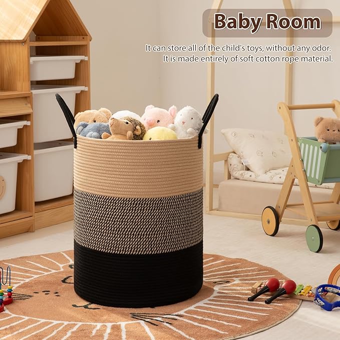 OIAHOMY Large Laundry Basket Hamper - 60L Cotton Rope Woven Basket for Blankets, Toys, Clothes - Tall Decorative Nursery Hamper with Long Handles, Yellow/Black