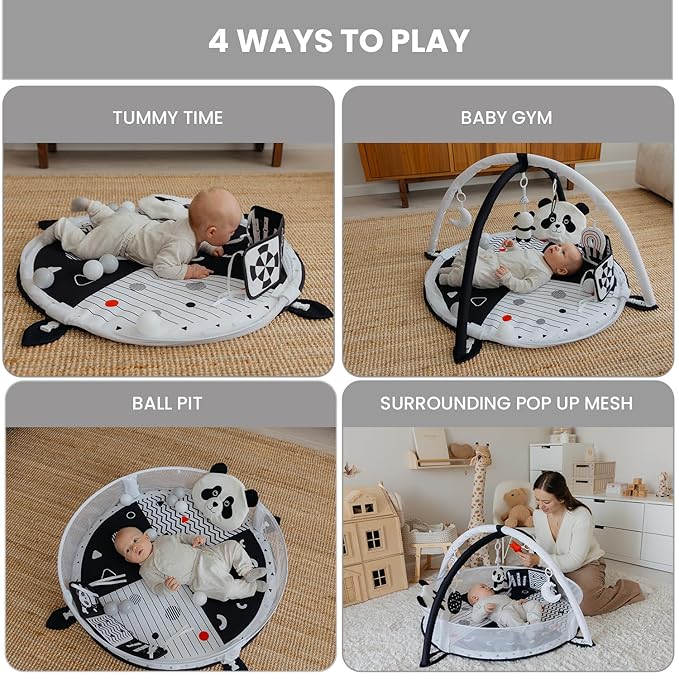 6-in-1 XL Baby Activity Center & Ball Pit, Baby PlayMat & Play Gym, Sensory Exploration and Motor Skill Development Toys, High Contrast Book, Balls Included (Black and White)