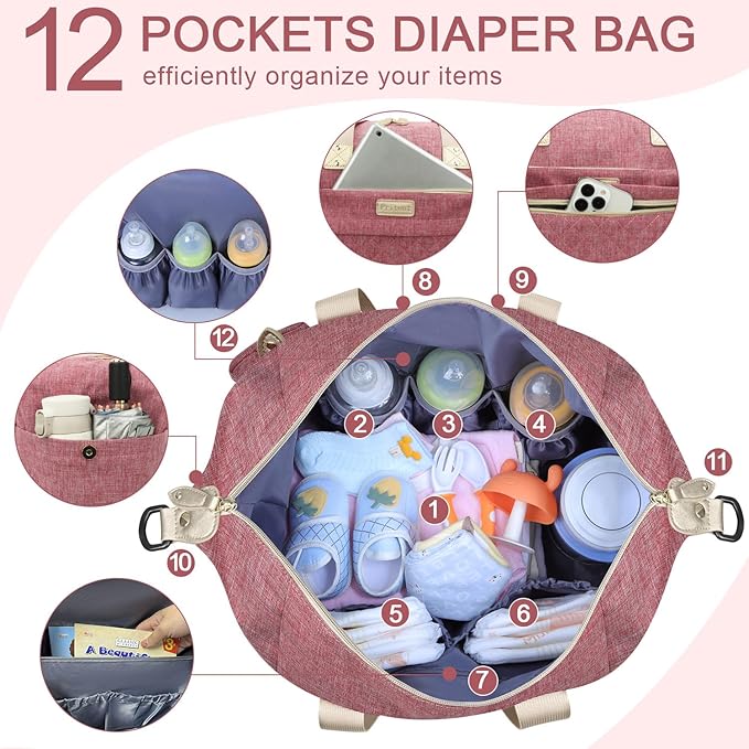 Pritent Diaper Bag Tote - Diaper Baby Bags with Pacifier Case, Shoulder Straps, Stroller Clips, Waterproof Large Mommy Bag Maternity Bag Travel Baby Bag for Mom and Dad, Pink