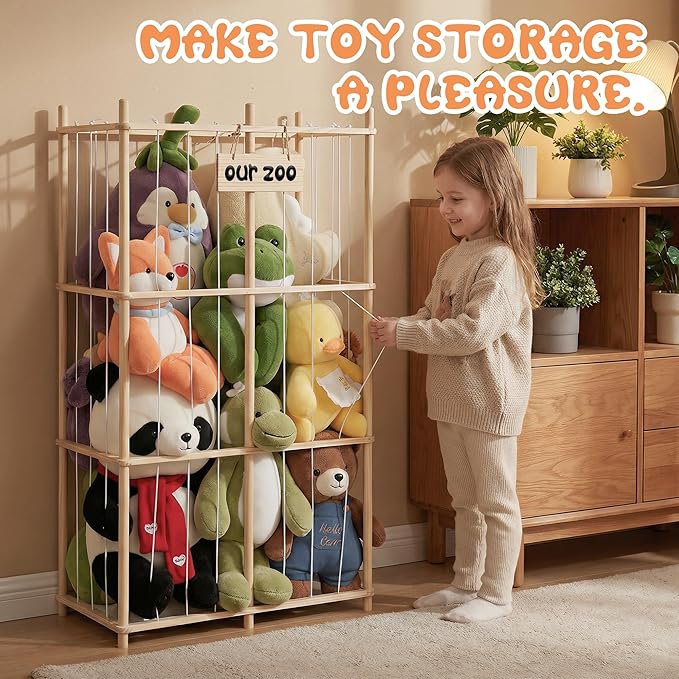 LAMU Stuffed Animal Storage, Wooden Zoo Stuffed Animal Holder with Elastic Cords, Space Save Plush Toy Cage, Double Capacity Extra Large Stuffed Animal Organizer for Playroom, Bedroom, Nursery, 31" W