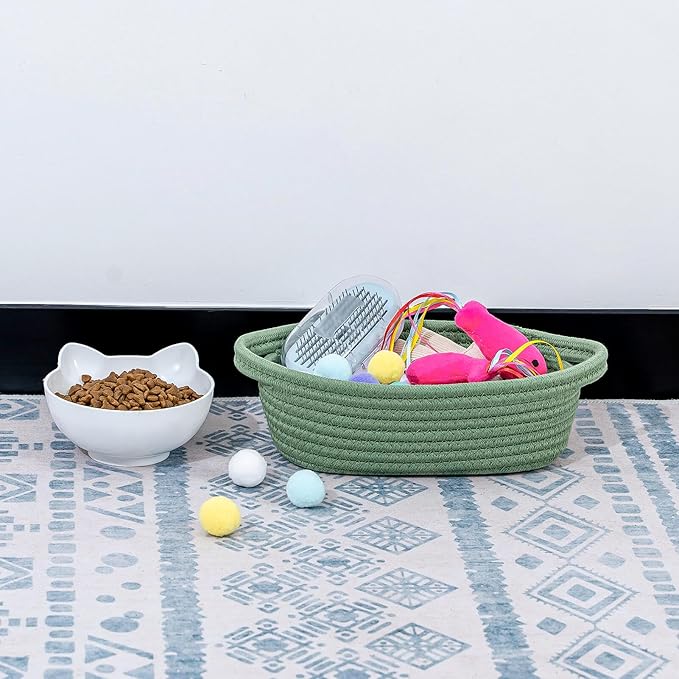 CubesLand Small Cotton Rope Storage Basket Set 5, Shelves Baskets for Organizing with Handle, Decorative Closet Storage Bins for Countertop Toilet Paper Basket for Toilet Tank Top,Green Basket