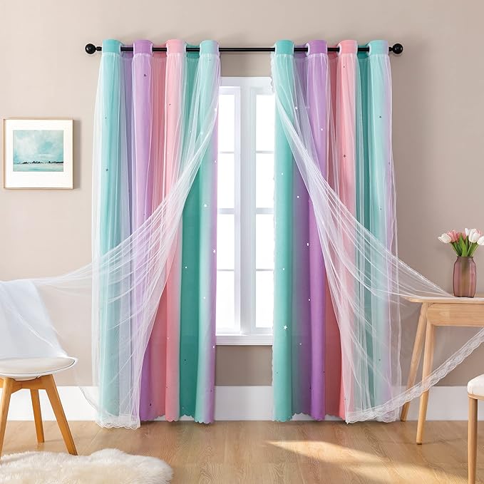 XiDi Pink Green Curtains 108 Inches Long, Unicorn Wall Decals for Kids Rooms, Purple Curtains for Toddler Bedroom, Wall Decals for Girls Dedroom Curtain 52 Inches Wide 1 Panel