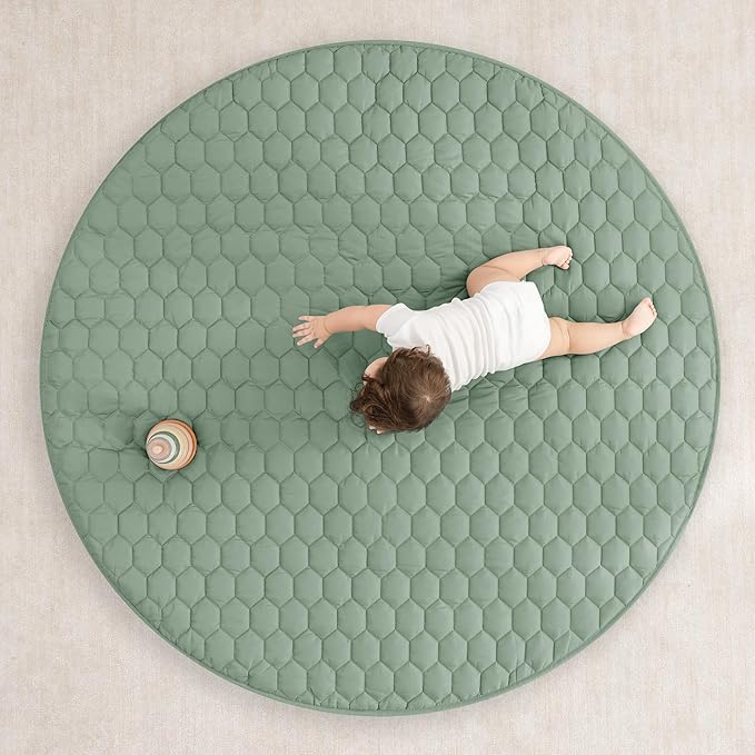 Comfy Cubs Round Kids Play Mat - Large 60 inches Soft Quilted Baby Floor Mat with Non-Slip Bottom - Plush Design for Toddlers' Playtime - Comfortable and Durable - Fern