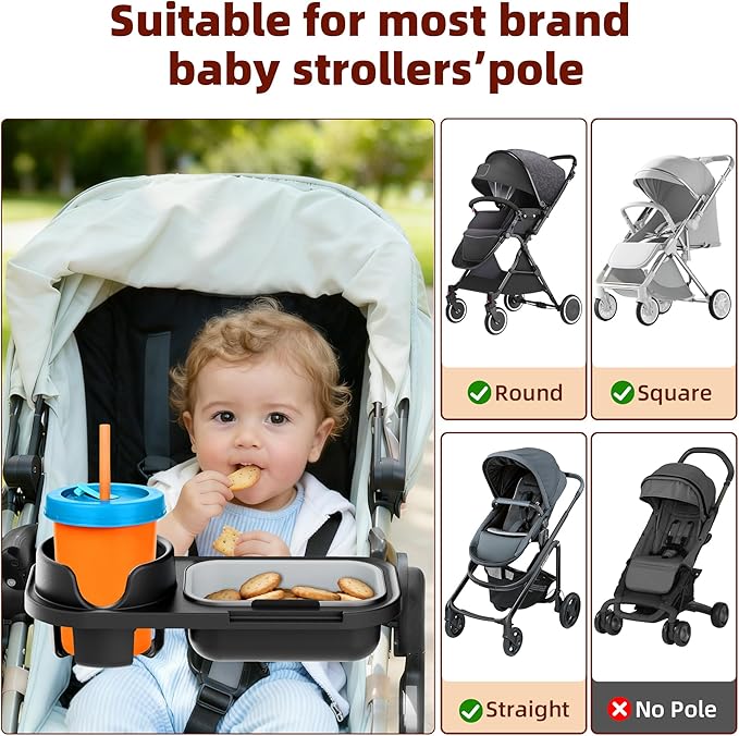 Universal Stroller Snack Tray, Compatible with Nuna Uppababy Mockingbird, Stroller Snack Tray Attachment with Cup Holder, Detachable Silicone Tray for Easy Clean, Toddler Snacking On The Go