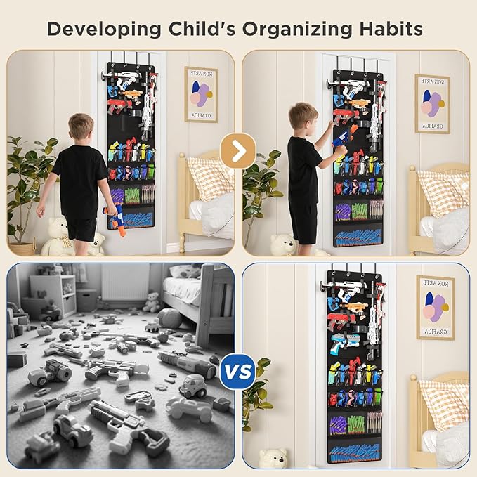 Over the Door Organizer for Toy Guns, Toys Storage Door Hanger with Pockets and Slots for Kids Foam Blasters, Darts, Goggles, Over Door Toy Guns Storage Organizer, for Kids Rooms, Game Rooms, Black