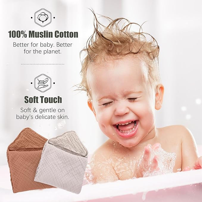 Spotted Play 2 Pack Hooded Baby Towels - 100% Muslin Cotton for Newborns, Infants, Toddlers - Large 32x32 Inch Size - Highly Absorbent and Essential for Newborn Care, Light Bean Paste