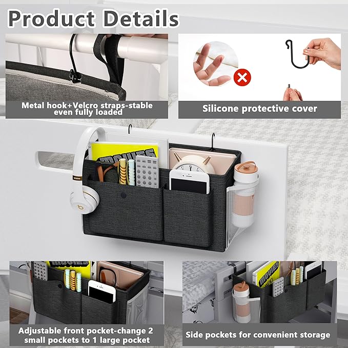 Edudif Bedside Caddy Bedside Organizer with Fixed Straps & Water Bottle Holder, Bunk Bed Caddy ideal for Home, Dorm, Hospital, Crib, Versatile Bedside Storage Solution (Black 2pcs)
