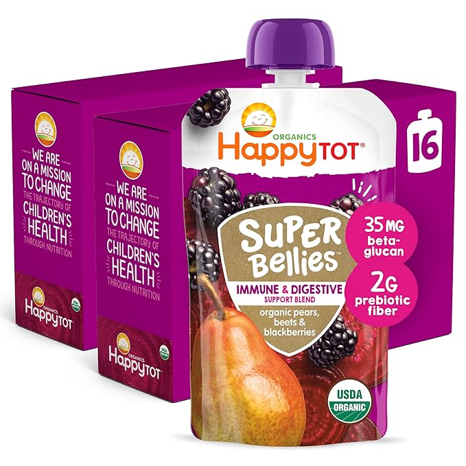 HAPPYTOT Organics Stage 4 Baby Food Pouches, Gluten Free, Vegan Snack, Super Bellies, Fruit & Veggie Puree, Pears, Beets & Blackberries 4 Ounce (Pack of 16)