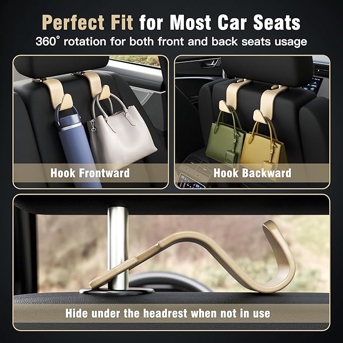 Amooca 4-Pack Car Headrest Hooks Vehicle Storage Organizer for Purses Handbags Groceries Coats –Holds 55lbs 360° Rotating Simple Design Beige