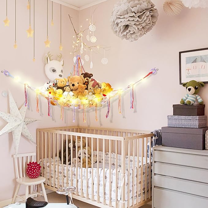CERETIA Stuffed Animal Hammock with LED Light, Large Stuffed Animals Storage Corner Plushie Net for Kids Room Decor, Rainbow