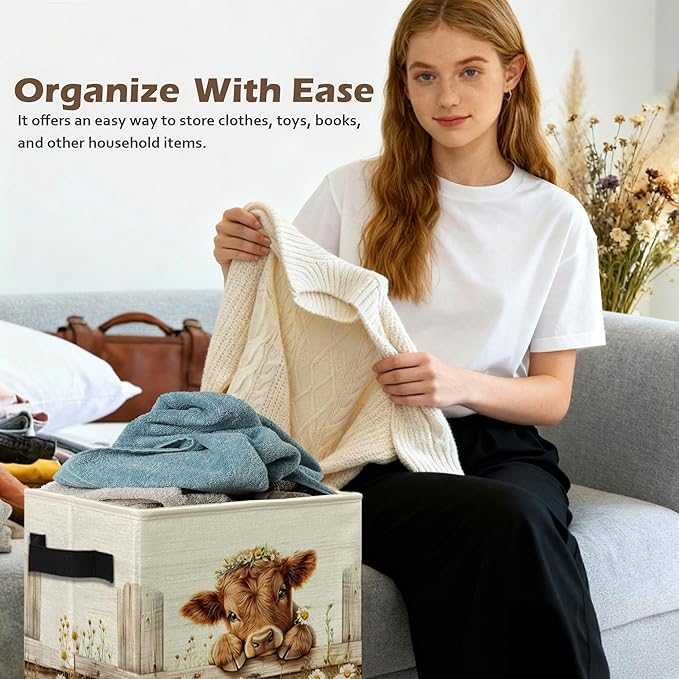 Ghoaoivo Rustic Daisy Floral Highland Cow Storage Box Bins, Highland Cow Gifts Collapsible Storage Basket Organizer for Bedroom Laundry Room Kids Nursery Clothes Toys Books, Toybox for Girls