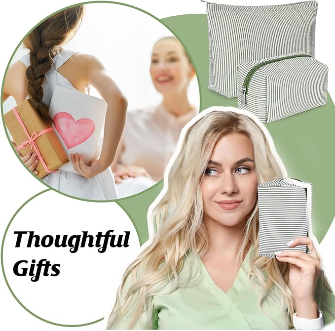 2 Pcs Makeup Bag Set Cute Cosmetic Pouch for Women Seersucker Travel Toiletry Bag Preppy Small Makeup Purse Pouch Aesthetic Skincare Brushes Storage Organizer for Valentine Women(Bean Green)
