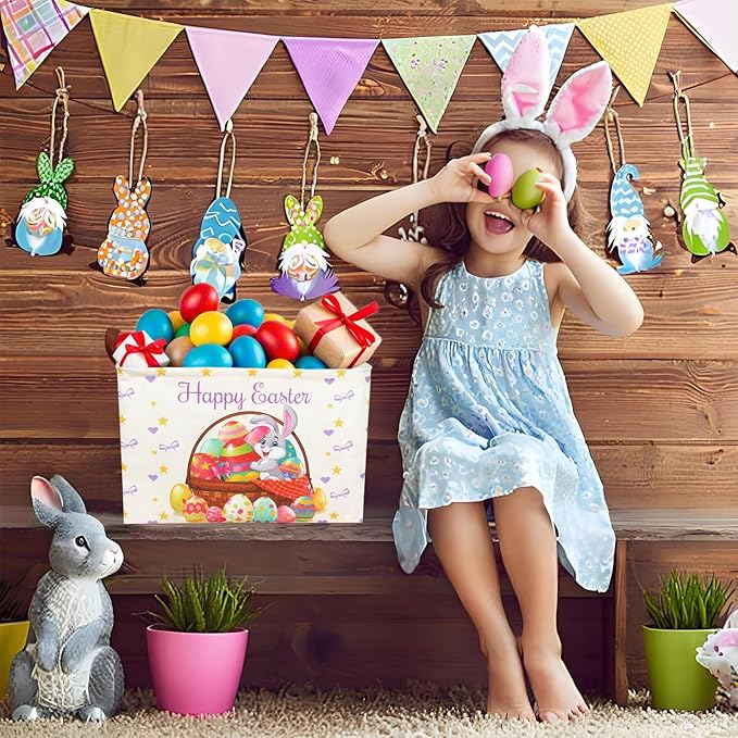 ASKETAM Easter Basket for Kid Large Empty Baby Rectangular Cute Easter Gift Storage Basket Bunny Eggs Décor (Rabbit Purple Bow Tie)