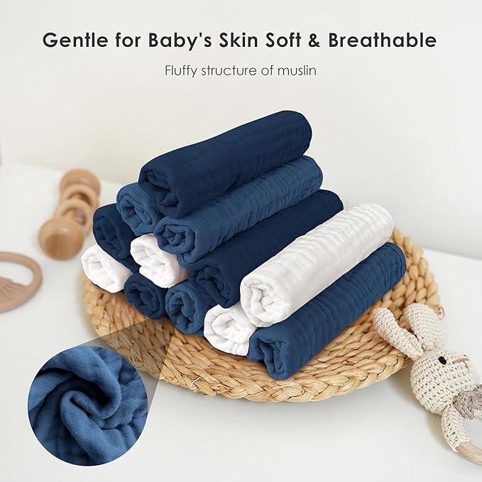 Muslin Burp Cloths for Baby 100% Cotton Burping Cloths for Unisex, Boy, Girl - Large 20'' by 10'' Newborn Essentials Ultra Soft Absorbent Milk Spit Up Rags - 12 Pack - White+Deep Navy Series