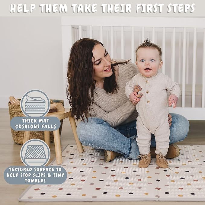 Bubba Bear Baby Play Mat, Thick Foam with Pattern Design, Foldable Waterproof Padded Crawling Mat for Babies (Beige Stars, 47 x 35 Inches)