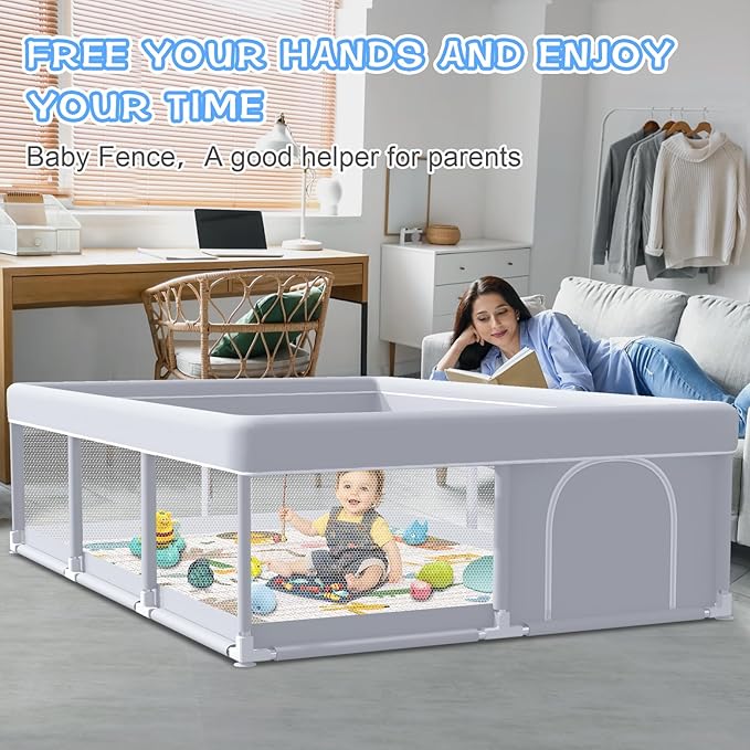 XVISHX Baby Playpen with Mat, 74 x 50 Inch Playpen for Babies and Toddlers, Baby Playard for Indoor & Outdoor Active Center Game Fence, with Skin-Friendly Fabric and Soft Breathable Mesh, Grey