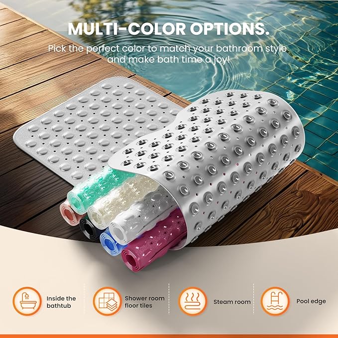 Krussier Non-Slip Bath Tub Mat, 39x16 Inch Extra Large Shower Mat with Drain Holes & Suction Cups, Machine Washable, Clear