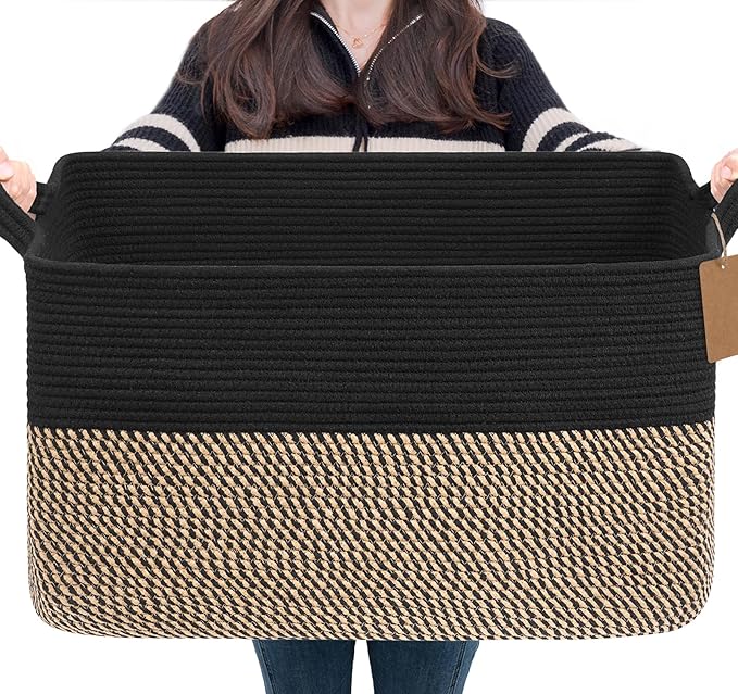 Goodpick Woven Storage Baskets for Organizing 22”x17”x12” Large Blanket Basket for Living Room Bedroom, Rectangle Wicker Storage Basket with Handles, Toy Baskets for Baby Boys, Black & Jute