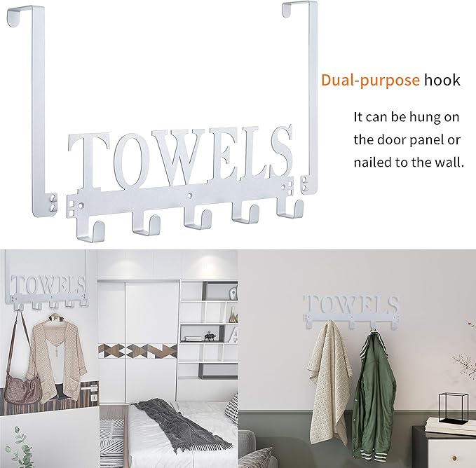 Kuhome Over The Door Hooks, Towel Hooks for Bathroom, Towel Rack Towel Holder for Bathroom Bedroom Kitchen Pool Beach Towels Bathrobe Wall Mount Hang on The Door Cabinet Cupboard (Silver Grey)