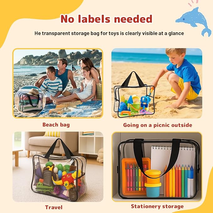 Widened X-Large Toy Storage Bags 12.99 x 9.45 x 7.09 in 6 Packs Reusable Clear PVC Board with Zipper Travel Waterproof Organizer Bags Game Storage for Puzzles, Building Blocks, Board Game