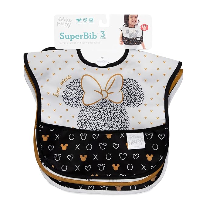 Bumkins Disney Bibs for Girl or Boy, SuperBib Baby and Toddler for 6-24 Months, Essential Must Have for Eating, Feeding, Baby Led Weaning, Mess Saving Waterproof Soft Fabric, 3-pk Minnie Mouse Icon
