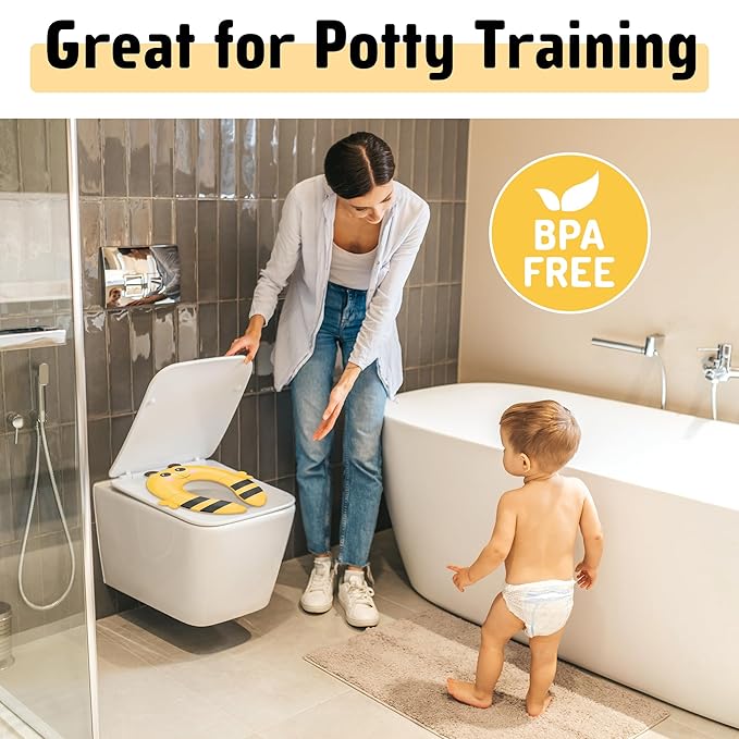 Maliton Travel Potty Training Seat for Toddler, Portable Foldable Potty Seat Cover Fits Round & Oval Toilets, Non-Slip Toilet Seat with Free Travel Bag(Yellow Bee)