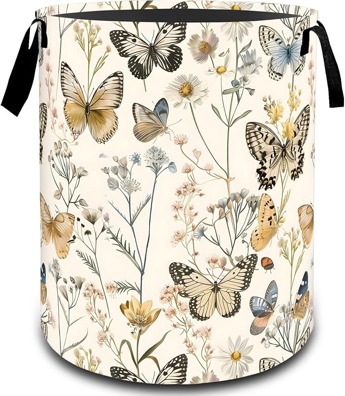 VODRM Butterfly Wildflower Botanical Laundry Basket, Dirty Collapsible Clothes Toy Organizer Hamper for Kids Adults, Oxford Cloth Waterproof Storage Bin for Bathroom Home Decor Gifts, 19.7"X15.7"