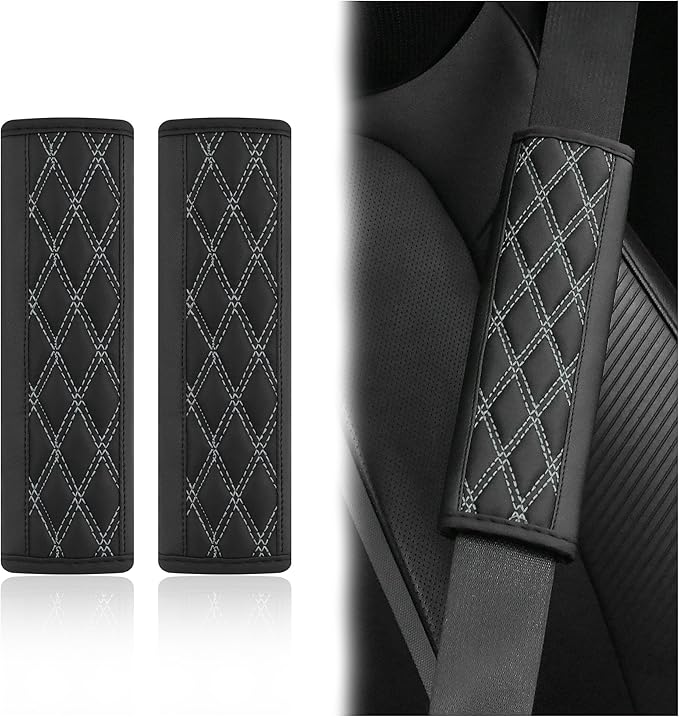 2PCS Car Seat Belt Cover Pads,Leather Seatbelt Covers Protect Shoulder and Neck Car Accessories Interior,Universal Car Seat Strap Pads Car Decorations for Most Cars Trucks (Black/Gray)
