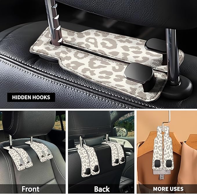 NUGGHU Car Seat Headrest Hook, Universal Leather Cute Hanger Holder Hook, Storage Organizer Interior Accessories for Purse Bags Handbag Luxury Grey Leopard