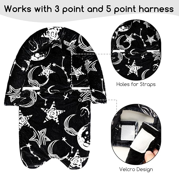 GFU Baby Car Seat Head Support for Newborn, 2 in 1 Infant Car Seat Head Body Support with Strap Pads, Soft Stroller Cushion Pillow Insert for Girls, Fits for Stroller, Swing, Black Star