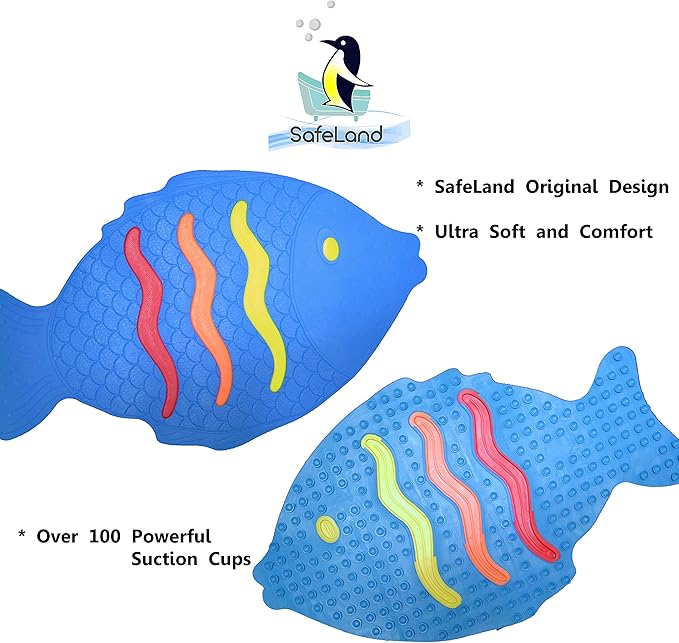 SafeLand Patented Non-Slip Bath, Tub, Baby Mat, TPR Material, Eco-Friendly, Non-PVC, Color Combo, Machine Washable, No-Odor, with Powerful Gripping Suction Cups, Rainbow Fish (16"x27")