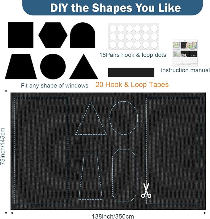 100% Blackout Window Cover, 138" x 57" Portable Ttravel Blackout Shades for Window,No Drill Temporary Cuttable Blackout Curtains for Bedroom, RV, Nursery,Media Room, 420D Fabric, 20 Loop Tapes