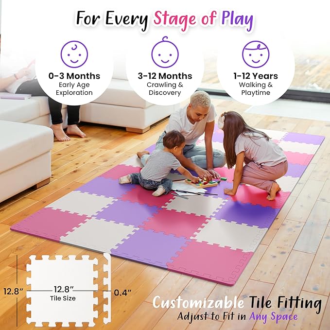 36 Tiles with Borders | 12" x 12" Baby Play Mat Foam Puzzle Floor Tiles | Non-Toxic Soft Waterproof Interlocking EVA Playmat for Nursery Playroom Playpen Toddler Tummy Mat
