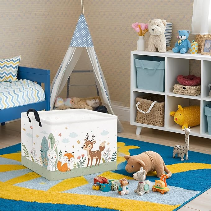 TIBAOLOVER Rectangular Kids Storage Basket Baby Storage Basket with Handles for Home Kitchen Boys and Girls Cute Toy Storage Bin Organizer Shelf Book Room Decor(Flower Animal)