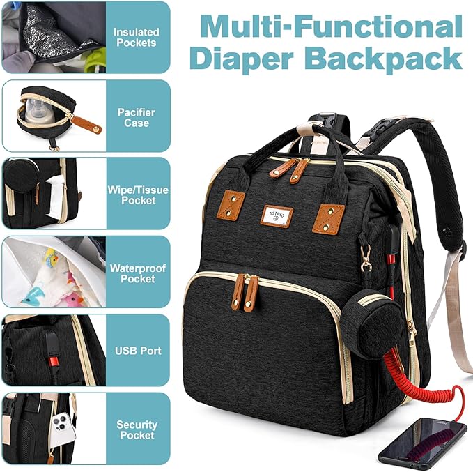 JSTPRO Diaper Bag Backpack, Large Waterproof Lightweight Diaper Bag with Changing Station, Insulated Pockets, USB Port, Travel Bag for Mom and Dad (Black)