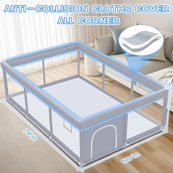 Baby Playpen 74 x 50 Inch Play Pen Playards, Playpen for Babies and Toddlers, Baby Playard for Indoor & Outdoor Active Center Game Fence, with Skin-Friendly Fabric and Soft Breathable Mesh Grey