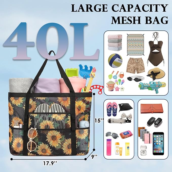 Mesh Beach Bag, Large Beach Tote with Zipper Pocket for Family Pool Bag for Toys & Vacation Essentials